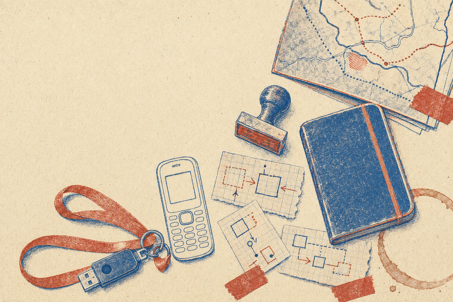 Two-colour risograph still life: USB stick, map, stamp, notebook, feature phone outline